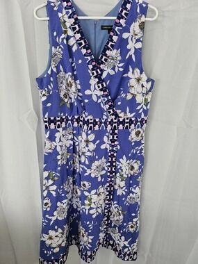 Chris McLaughlin Dress Blue Floral Faux Wrap Midi V-Neck Lined Size 16